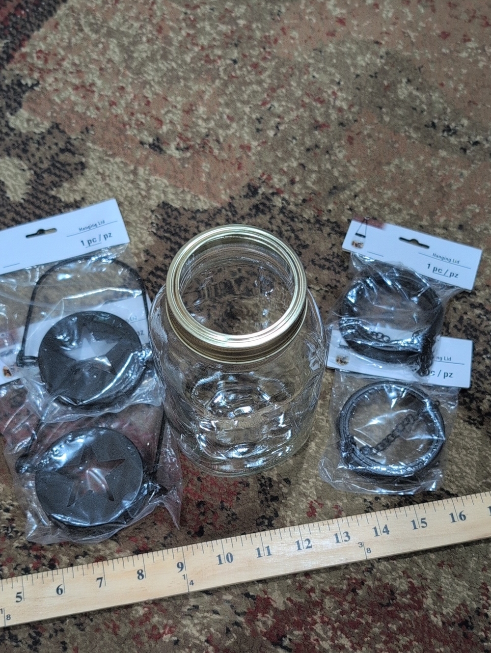 Clear Glass Mason Jar with Gold Lid And 4 Hanging Lid Attachments New